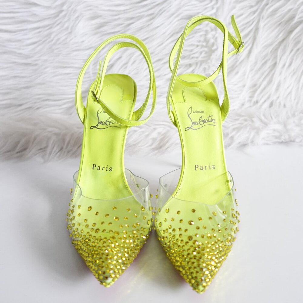 Christian Louboutin Spikaqueen 100 Crystal Neon Yellow Green Clear Pumps Size 37 - Picture 6 of 16